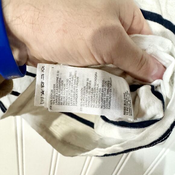 REISS Shirt Women Size M Short Sleeve Cotton Crewneck Navy Blue & White Casual - Picture 5 of 6